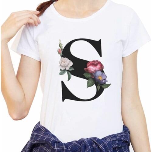 Tshirts Women Vogue 26 alphabet letter women T-shirt Harajuku A To Z Alphabet combination flowers Short Sleeve Female T-Shirt