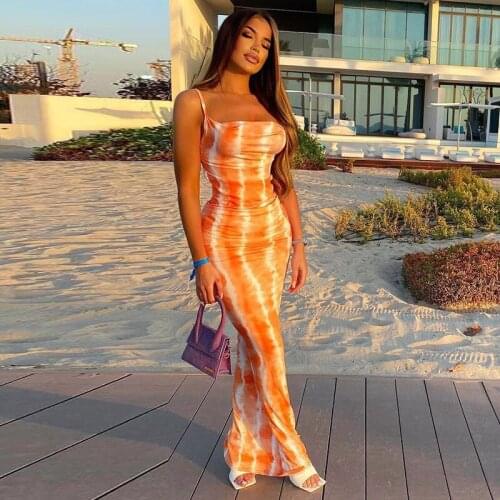 Women’s Sexy Suspender Long Summer Dress Ladies Fashion Tie-dye Printing Square Collar Sleeveless Skinny Bodycon Maxi Dress