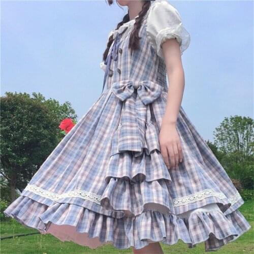 Lolita Jsk Dress With Shirt Navy Collar Goth Japanese Bow Lolitas Plaid Female Summer Girl College Student Kawaii Style Harajuku