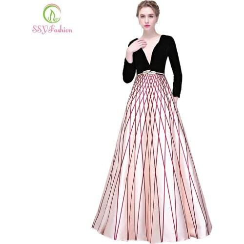 SSYFashion New Evening Dress Banquet Black Velour with Fringe Floor-length Long Sleeved Simple Prom Party Gown Robe De Soiree