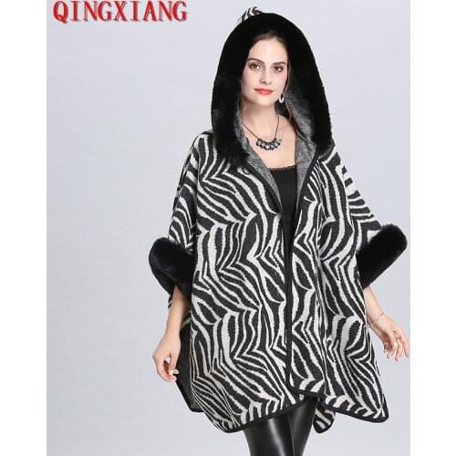 2019 Women Faux Fox Fur Cardigan Winter Warm Plus Size Open Stitch Striped Knitted Loose Coat Ladies Thick Short Cloak With Hat