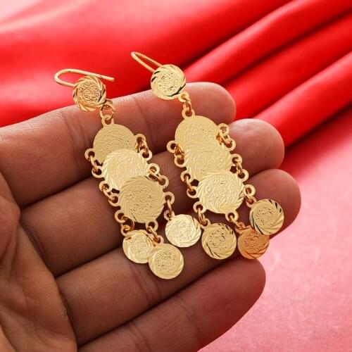 Dubai Coin Gold Color Earrings 24K For Women Wedding Jewelry Womens Earrings For Girls Bridal Wife Gifts African Dubai French