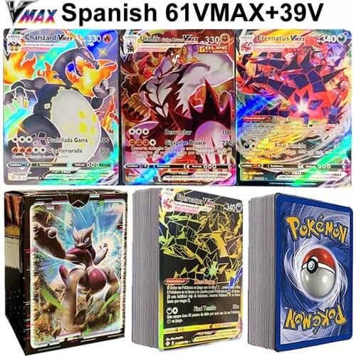 100pcs Spanish Pokemon 61 Vmax 39 V Card Box Spain Pokémon Shining Card Display Pikachu Playing Game Childer Kids Toys Gift