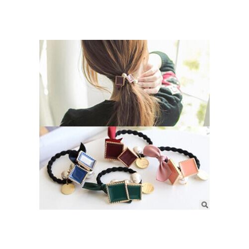 120pcs/lot DIY Simple Lady Multi Ribbon Bowknot Square Pendant Hair Band Pearl Rubber Band Hair Styling Tools Accessories HA1354