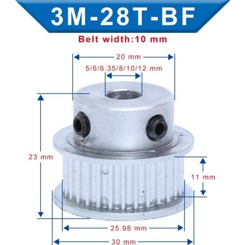 3M-28T Pulley BF Shape Bore 5/6/6.35/8/10/12 mm Slot Width 11 mm pulley wheel Aluminum Material For Width 10mm 3M-Timing Belt