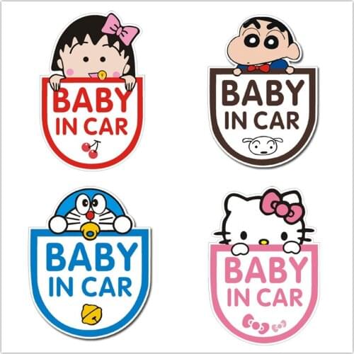 Car Stickers Baby In Car On Board Cartoon Cute Lovely Pink Doraemon Chibi Maruko-chan Creative Decoration Reflective D50,14cm