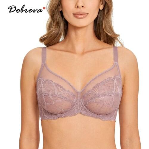 DOBREVA Womens Unlined Minimizer Lace Bra Plus Size See Through Full Coverage Bralette With Underwire
