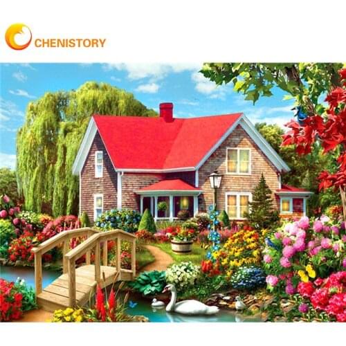 CHENISTORY Painting By Numbers For Adults Beautiful House Flower Landscape Paints Kits Framed Home Decoration Wall Art Craft Gif
