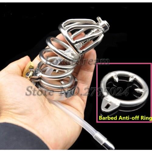 Long Stainless Steel Male Chastity Belt With Urethral Catheter Barbed Anti-off Ring,BDSM BondageLock,Cock Cage,Sex Toy For Man