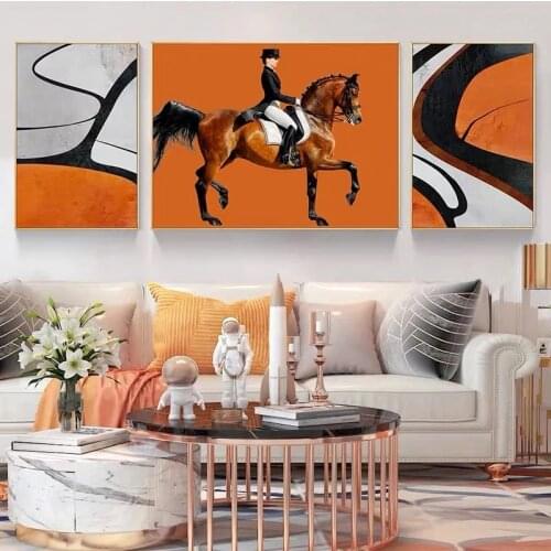 Home Decor Modern Black Orange Color Block Wall Art Print Abstract Horsemanship Canvas Paintings Poster Picture for Living Room