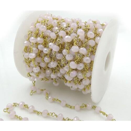 Pink Glass Faceted Oval Beads Beaded Chain, Wrapped Wire Beaded Beads Chain