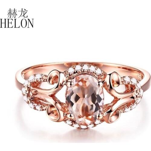 HELON Solid 14K Rose Gold Flawless Oval 7X5mm Natural Morganite Diamond Halo Fine Gemstone Luxurious Engagement Wedding Ring