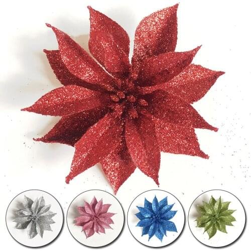 10cm Glitter Artificial Flower Christmas Flowers For Home Christmas Tree Decor 7Color Wedding Party DIY Head Flower Xmas Supply