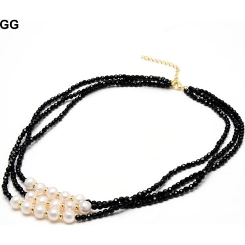 GuaiGuai Jewelry 3 Strands 4mm Natural Faceted Black Onyx White Pearl Chocker Necklace Bracelet Earrings Sets
