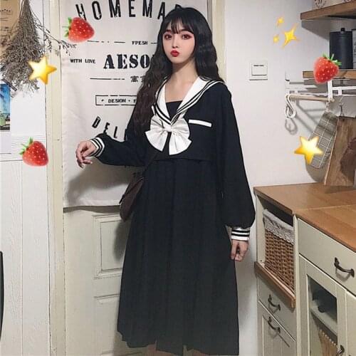 Japanese-Style Sweet and Lovely Bow Sailor Collar Long-Sleeved Dress r Mid-Length Black Skirt Womens Autumn school girl