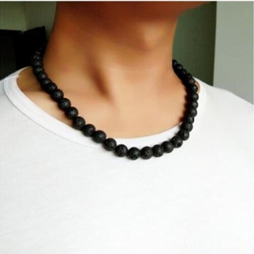 Trendy Men Necklace 6/8mm Black Lava Stone Yellow Tiger Eye Choker Rock Beads Necklace Men Jewelry Handmade Collar Dropshipping