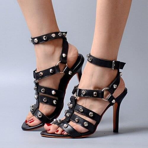 Fashion Rivets Studs Cross Strap Sandals Gladiator Summer Ladies Cut out Metal Buckled Thin Heels Woman Party Shoe Sandalias