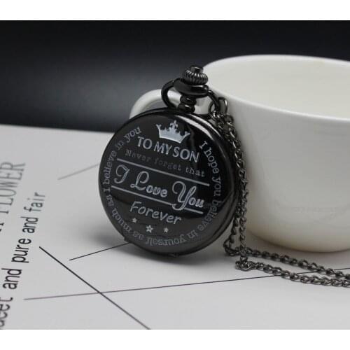 "To MY SON' Engraving Word Black Pocket Watch Men Roman Number Watches Unique Quartz Clock Chain Boy Birthday Christmas Gifts
