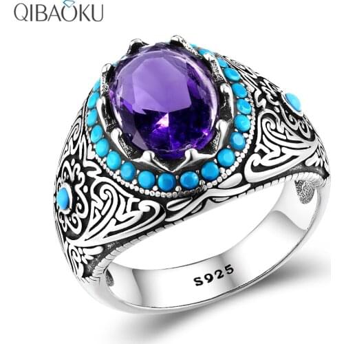 Silver Ring for Men with Oval Amethyst Zircon Stone Ring Purple Gemstone Jewelry Male Men Women Thai Silver Turkish Jewelry