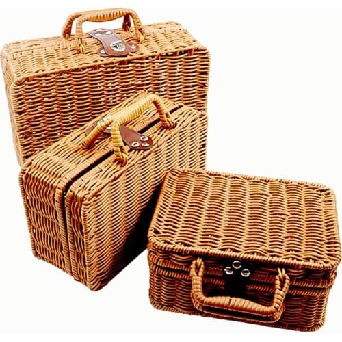 Retro Handwoven Wicker Storage Box Vintage Suitcase Rectangular Handbag Storage Basket For Clothes Books Sorting Makeup Holder