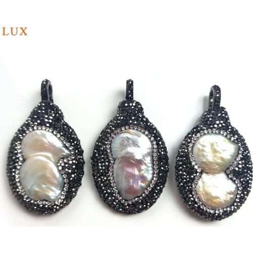 Peanut Shape Natural Fresh Water Pearl Pendant Oval Shape Pendant With Pave Crystal Rhinestone For Necklace Jewelry Set Supplies