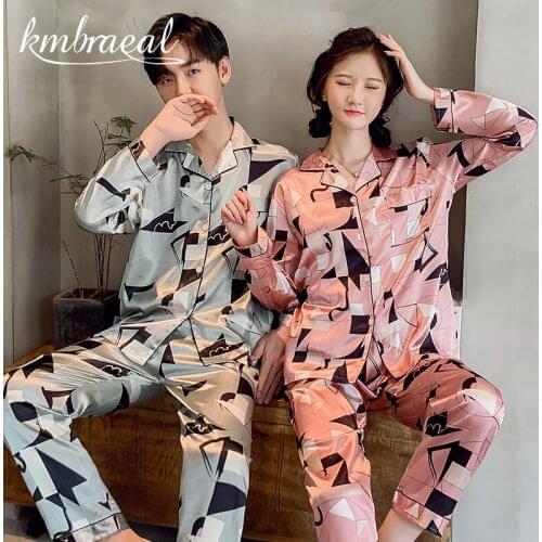Luxury Pajama Ice Silk Pajamas Sets Couple Sleepwear Family Homewear Lover Night Suit Men & Women Geometric Print Plus Size 2021