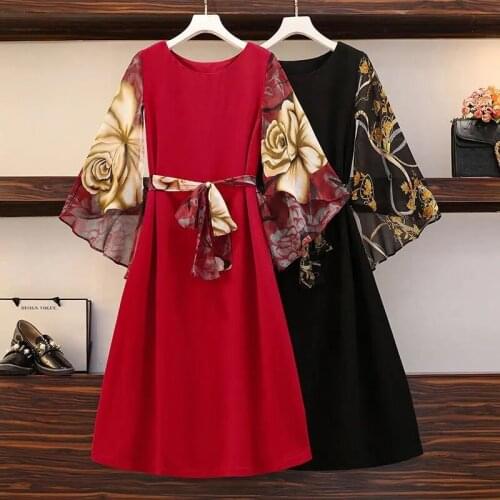 Large size trumpet sleeve chiffon dress female little black dress summer new style Korean fashion loose casual mid-length dress