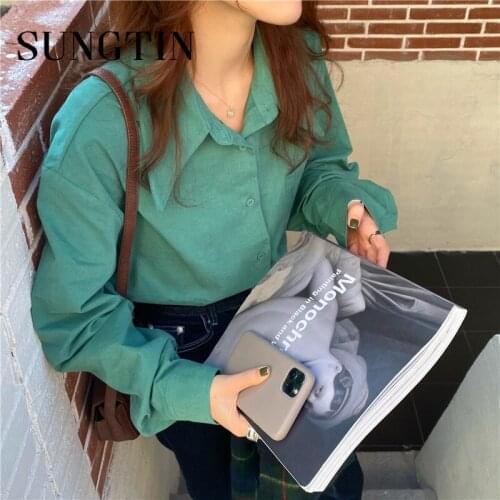 Sungtin Chic Elegant Loose Single Breasted Shirts Women 2021 Spring New Fashion Full Sleeve Pockets Female Blouse Tops Korean