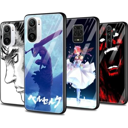 Glass Phone Case for Xiaomi Redmi Note 9S 7 9 8 10 Pro Max 8T 9c 9A 9T Glass Cover for Redmi K40 K30 K20 Berserk Guts Anime