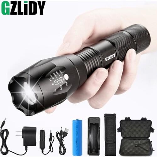 Super Bright LED Tactical Flashlight 5 Modes T6 / L2 / V6 Waterproof Torch Zoom Camping Light Using 18650 Battery with Gifts