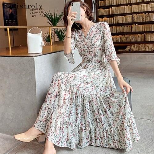 V Neck Floral Print Dress Women Summer High Waist Ruffles Chiffon Dress Lady Short Sleeve Maxi Large Hem Seaside Holiday Dresses