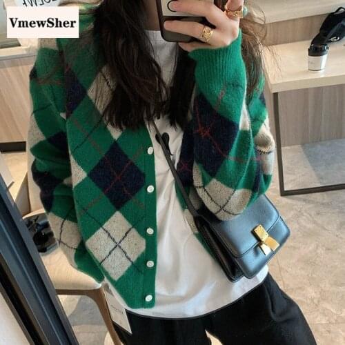 VmewSher Vintage Cardigan Women Sweater Argyle V-Neck Knitted Spring Fall Clothe Plaid Casual Single Breasted Contrast Color Top
