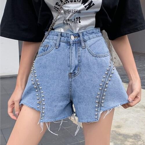 High Waist Rivet Women Summer Denim Shorts Korean Pocket Trimming Tassel Edge Female Short Loose Wide Leg Pant Ins Hot Sale