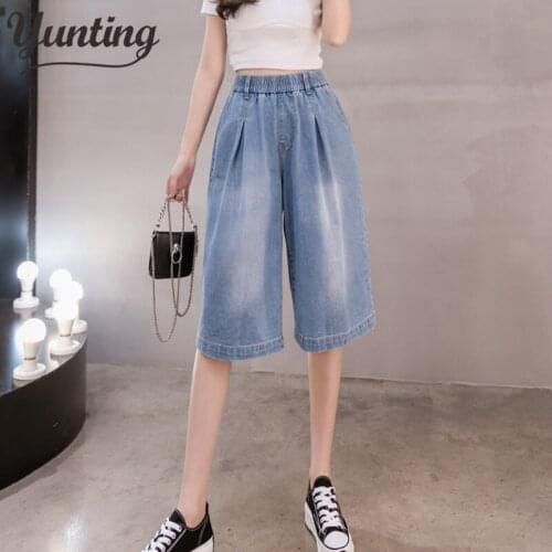 2021 New Summer Half Short Jeans Woman High Waist Elastic Light Blue Straight Short Denim Pants Woman Chic Korean