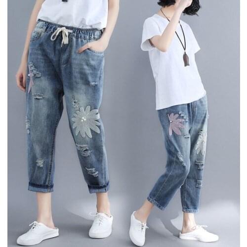 Large size Jeans Embroidered Ripped Pants Womens Elastic Waist Hole Denim Trousers Spring summer New Loose Female Jeans T407