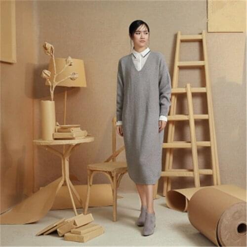 100%hand made pure wool knit women streetwear Vneck solid long pullover sweater one&over size