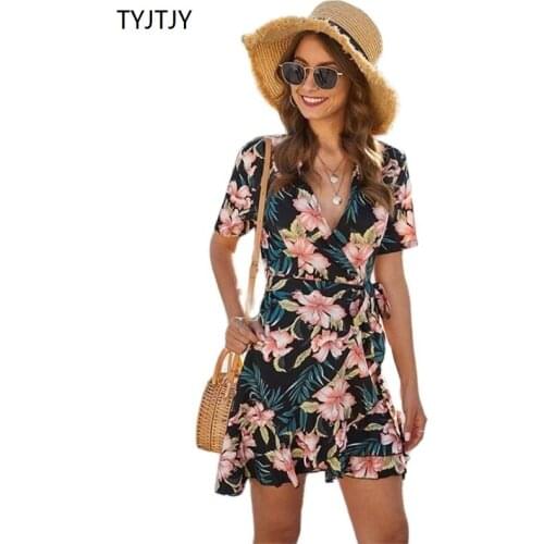 2021 New Fashion Elegant Ladies Summer Floral Print Short Dress Women Sexy V-neck Wrapped Lace Up Mini Dress