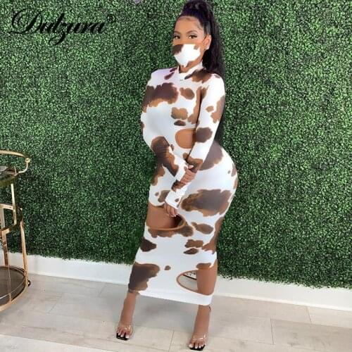 Dulzura Tie Dye Dairy Cow Print Hollow Out Women Long Sleeve Midi Dress Bodycon Sexy Streetwear 2020 Autumn Winter Club Party