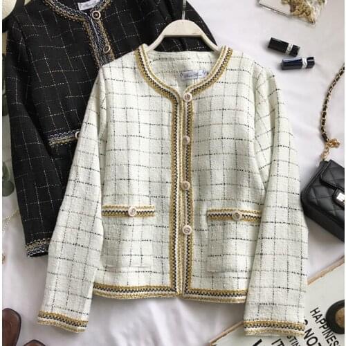 Womens autumn winter plaid woolen short coat female gold thread slim chic coat outwear TB577
