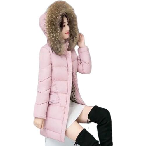 Winter 2021Cotton Clothes Womens Coat Mid-length Down Cotton Clothes Thicken Slim Thin Female Outerwear Big Fur Collar Miss Coa