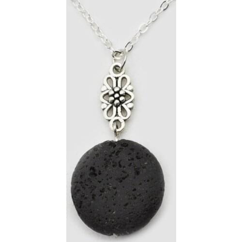 1pc 20mm Round Lava Stone With Flower Charm Pendant Essential Oil Diffuser Necklace Lava Jewelry XSH-303