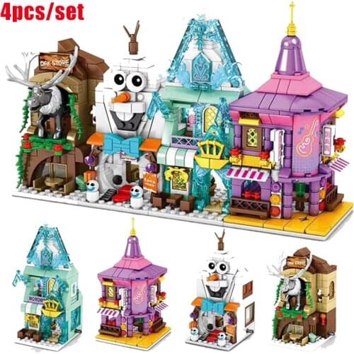 4 pieces/set brand new cartoon classic movie Frozen 2 street view store building block model childrens toy gift