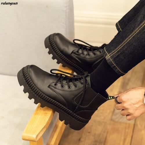 Martin Boots Mens High-Top British All-Match Tooling Short Boots Korean Black Motorcycle Increased Mens Leather Boots 39-44