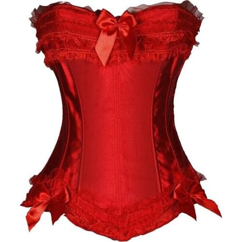 Burlesque Sexy Womens Boned Lace up Back Bowtie Overlay Overbust Corset Solid Satin Bustier Zip up Side Korsett Outfit Corselet