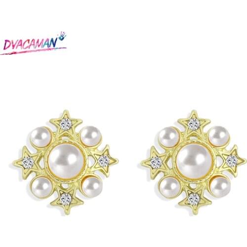 Dvacaman Vintage Pearl Metal Stud Earrings For Women 2020 Cute Korean Star Bowknot Earrings Statement Jewelry Gift Wholesale