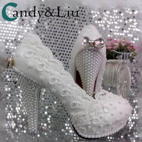 Elegant lace flower wedding shoes pearl bow shoes high heel waterproof platform shoes bride photo shoes white flower shoes