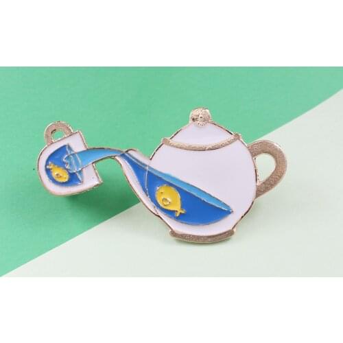Goldfish Golden Margin Charming Teapot Blue Water Creativity Enamel Brooches Charming Gifts Accessories For Unisex
