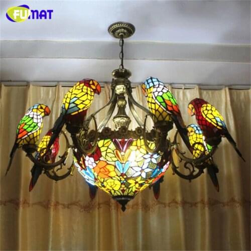 FUMAT Parrots Chandelier European Vintage Glass Light Living Room Dining Room Stained Glass Art Birds Lamp E27 LED Chandelier