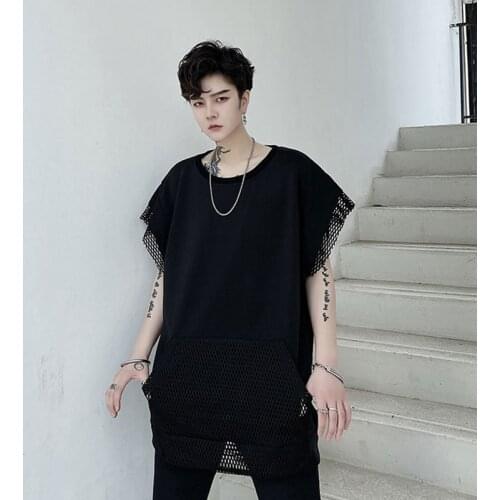 T-shirt 2020 summer T-shirt fashion mens hem seam pocket design hollow mesh casual t mens sleeveless t shoulder