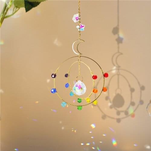 Crystal Sun Moon Wind Chime Sunlight Catcher Colorful Beads Round Border Indoor Bedroom Baby Room Ornament Decor
